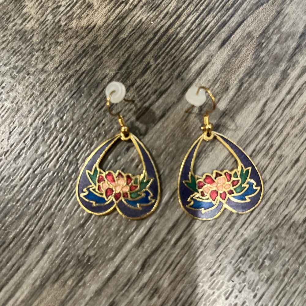 Cloisonné Heart Shaped Earrings With Lotus Flower Design